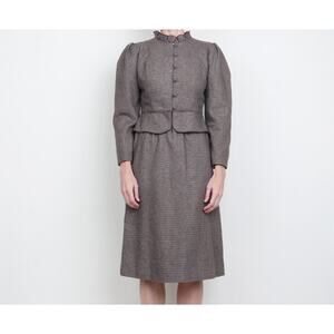 Vintage Wool Tweed Puff Sleeve Jacket - Midi Skirt Suit S